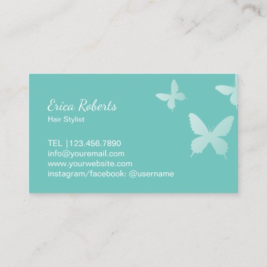 Haarsträhne & Butterfliegen Aquamarin Visitenkarte (Rückseite)