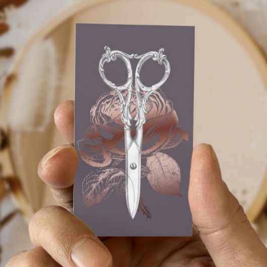 Haarstühle Moderne Schere & Rose Blumenstrauß Lila Visitenkarte