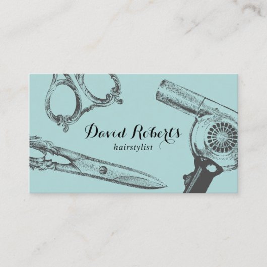 Haarstühle Vintage Schere & Haartrockner Aquamarin Visitenkarte (Vorderseite)