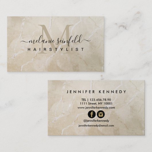 Haarstylist Beige Marble Beauty Salon Monogram Visitenkarte (Vorne/Hinten)