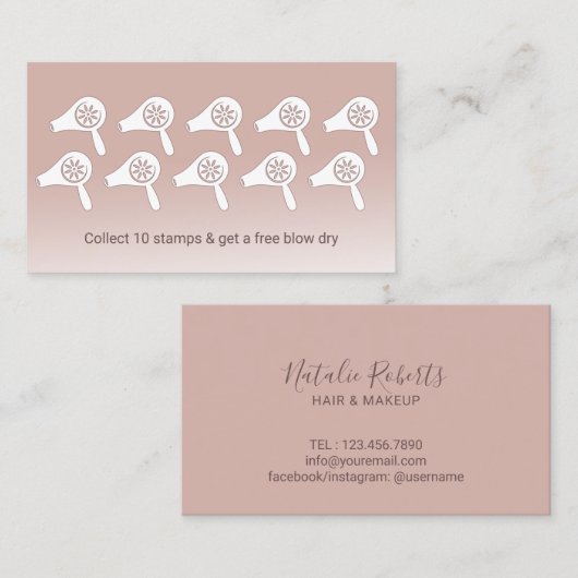 Haarstylistin Blow Dry Bar Blush Rose Loyalität Treuekarte (Vorne/Hinten)