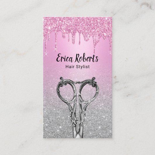 Haarstylistin Girly Pink Tropfens Silver Glitzer S Visitenkarte (Vorderseite)