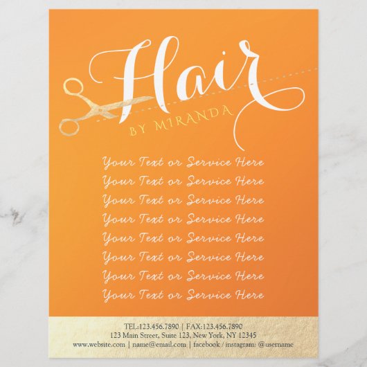 Haarstylistin Makeup Salon Chic Orange Gold Schere Flyer (Vorne)