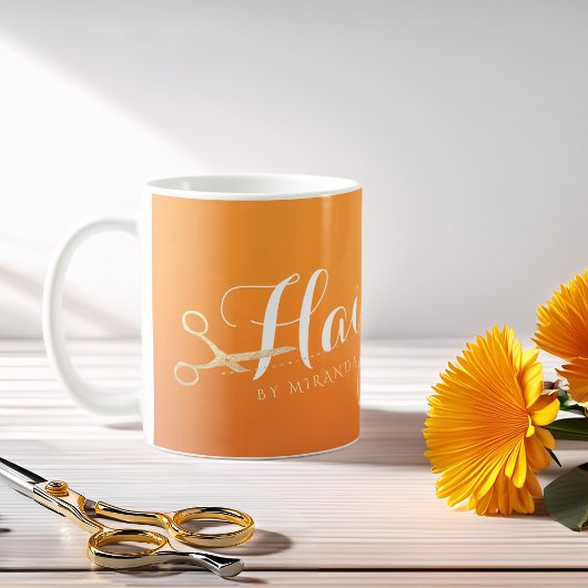 Haarstylistin Makeup Salon Chic Orange Gold Schere Kaffeetasse