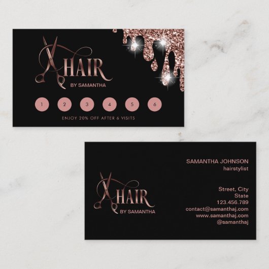 Haarstylistin Rose Goldtypografie Haarschere Visitenkarte (Vorne/Hinten)