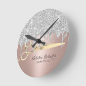 Haarstylistin Silver Glitzer Tropfen Rose Goldener Runde Wanduhr (Winkel)