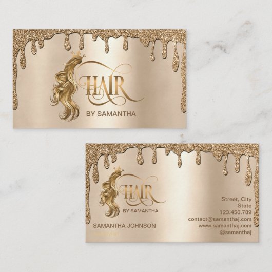 Haarstylistin tropft goldene Haarverlängerung Visitenkarte (Vorne/Hinten)