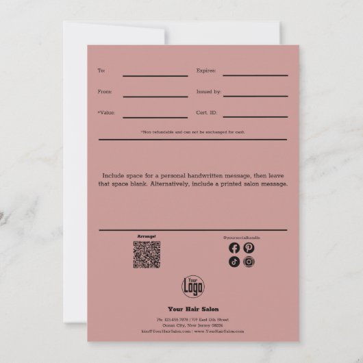 Haartools Pink Salon Geschenkgutschein Flat Card (Rückseite)
