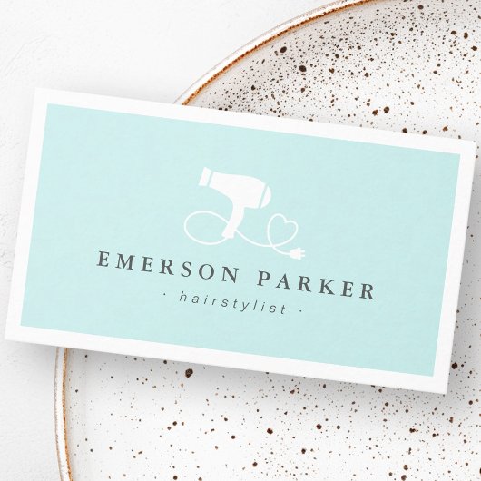 Haartrockner Herzklappe Licht Aqua blauer Friseur Visitenkarte