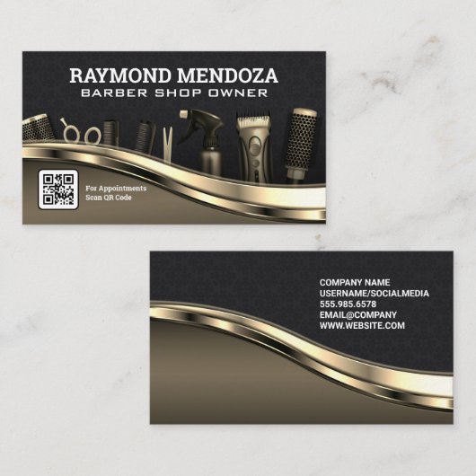Haarwerkzeug | QR-Code | Gold Metallic Visitenkarte (Vorne/Hinten)
