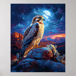 Habicht in der Wüste unter einem Vollmond Poster