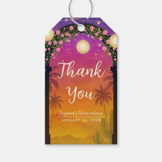 Hacienda Sunset Floral Arch Quinceañera Geschenkanhänger (Vorderseite)
