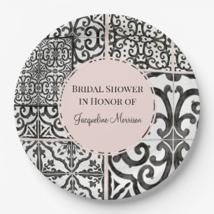 Hacienda Tile Muster Schwarz-weiß Blush Bridal Pappteller
