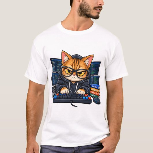 Hacker Coder Katze Entwickler Lustiges Tech-Gesche T-Shirt (Vorderseite)