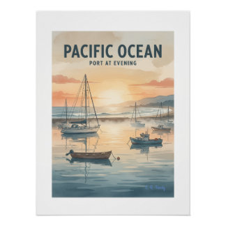 Hafen am Pazifischen Ozean am Abend Poster