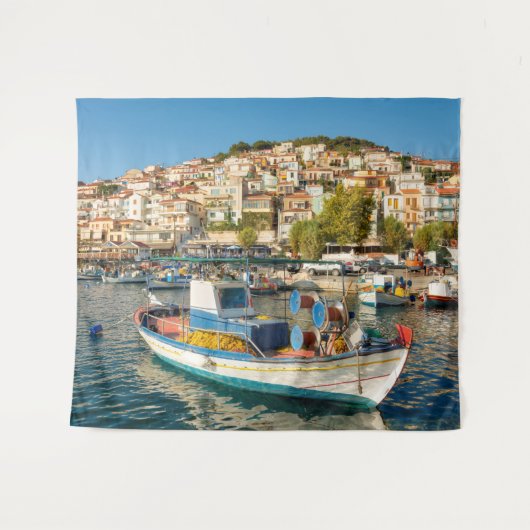 Hafen mit Fischereifahrzeugen in Plomari, Lesvos, Wandteppich (Vorderseite (Horizontal))