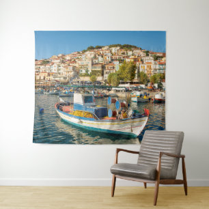 Hafen mit Fischereifahrzeugen in Plomari, Lesvos, Wandteppich