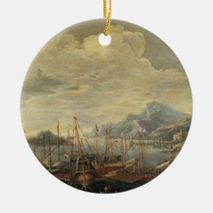 Hafen mit Leuchtturm und Schiffen (Öl auf Keramikornament