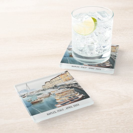 Hafen Santa Lucia Neapel Italien Wasserfarbenreise Glasuntersetzer (Schrägansicht)