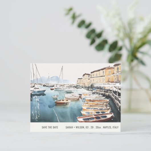 Hafen Santa Lucia Neapel Wasserfarbe Save the Date Postkarte (Stehend Vorderseite)