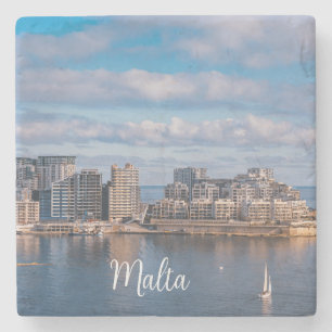 Hafen von Sliema und Wolkenkratzer in Malta Steinuntersetzer