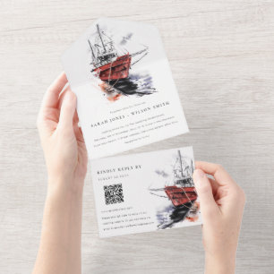Hafen-Yacht-Segelboot-Watercolor-Hochzeit- QR-Code All In One Einladung
