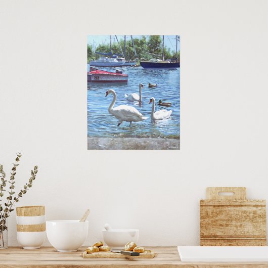 Hafenschwäne und -boote poster (Küche)