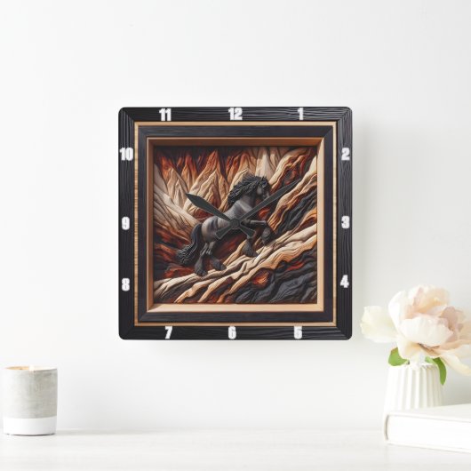 Haflinger Black Horse: Wahl im Holzkunststil Quadratische Wanduhr (Zuhause)