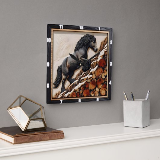 Haflinger Climb: Kunsthandwerk aus Holz Quadratische Wanduhr (Büro)