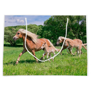 Haflinger Pferde mit niedlichen Fohlen lassen Große Geschenktüte