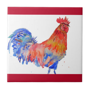Hahn Aquarell Rot Gelb Blau Huhn Fliese