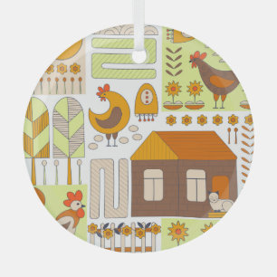Hahn, Hühner, geometrische Blumendarstellung. Ornament Aus Glas