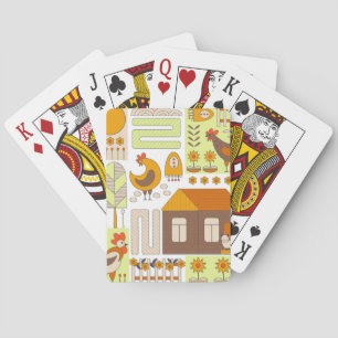 Hahn, Hühner, geometrische Blumendarstellung. Spielkarten