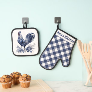 "Hahn" im Blue Willow Stil, individuell anpassbar Ofenhandschuh & Topflappen-Set