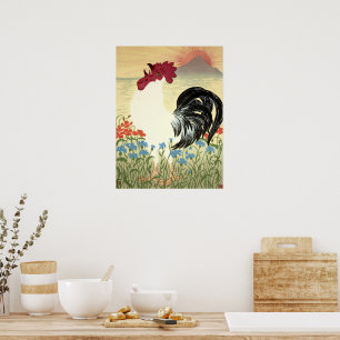 Hahn kräht zum morgendlichen Sonnenaufgang Poster
