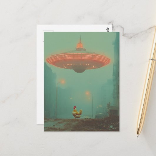 Hahn und ein UFO Postkarte (Vorderseite/Rückseite Beispiel)