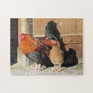 Hahn-und-Henne-Hühnerfarm-Szene-Puzzle Puzzle