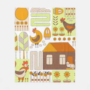 Hahn und zwei Hennen, Eier, Blumen, Haus, Zeichnun Fleecedecke