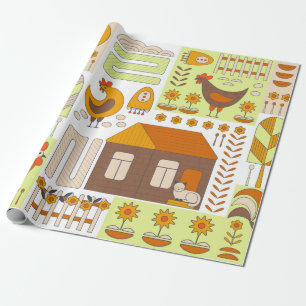 Hahn und zwei Hennen, Eier, Blumen, Haus, Zeichnun Geschenkpapier