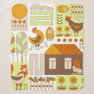 Hahn und zwei Hennen, Eier, Blumen, Haus, Zeichnun Sherpadecke