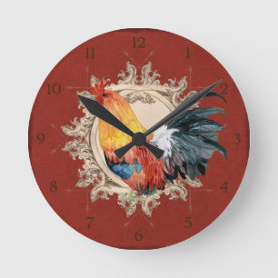Hahn Vintage Rot Französisches Landhaus Rustikale Runde Wanduhr
