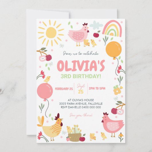 Hähnchen Birthday Einladung Rainbow Hühnerfeder (Vorderseite)