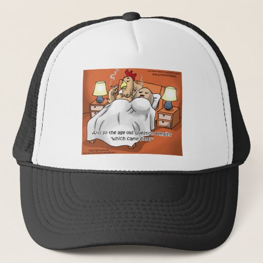 Hähnchen oder Ei kam 1. Funny Gifts & T-Shirts Truckerkappe (Vorderseite)