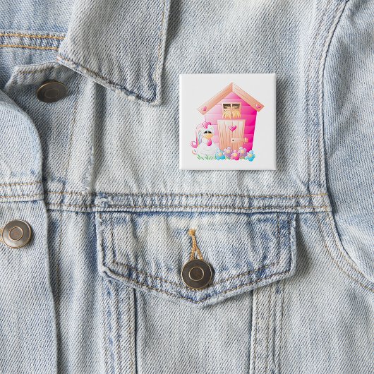 Hähnchen und Pink Hen House mit Blume Button