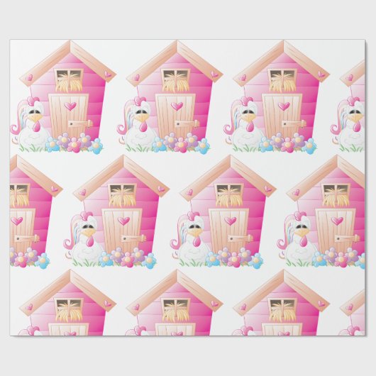 Hähnchen und Pink Hen House mit Blume Geschenkpapier (Flach)