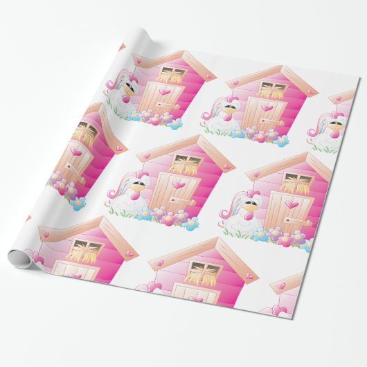 Hähnchen und Pink Hen House mit Blume Geschenkpapier (Ungerollt)