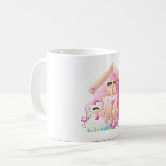 Hähnchen und Pink Hen House mit Blume Kaffeetasse (Vorderseite Links)
