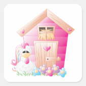 Hähnchen und Pink Hen House mit Blume Quadratischer Aufkleber (Vorderseite)