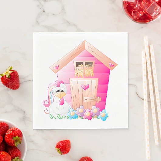 Hähnchen und Pink Hen House mit Blume Serviette