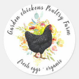 Hähnchenbauernhof mit gelbem Blumenhain Runder Aufkleber